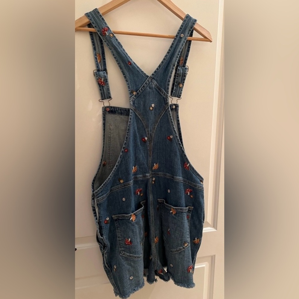 DRIFTWOOD x Anthropologie Blue Denim Overalls with Cute Mushroom Embroidery. - Picture 5 of 9
